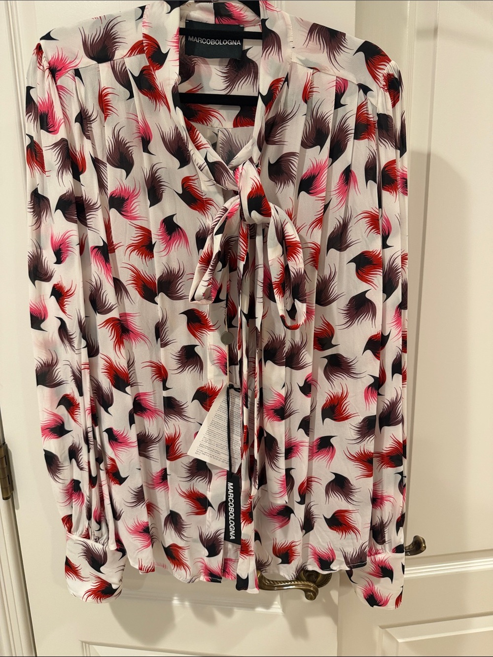 Marco Bologna White silk Tie-Neck Blouse with Pink & Red Feather Print